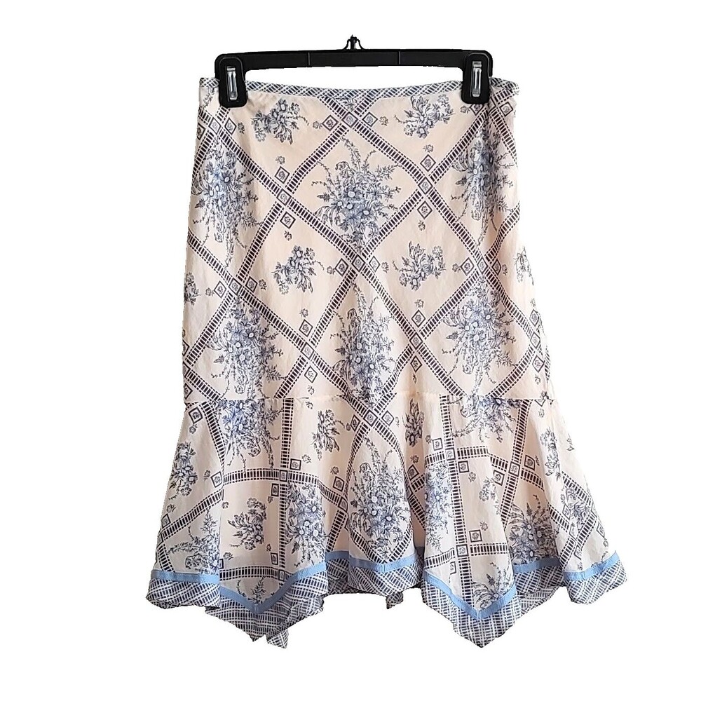 Loft Skirt Cream Blue Floral Handkerchief Plaid Hem